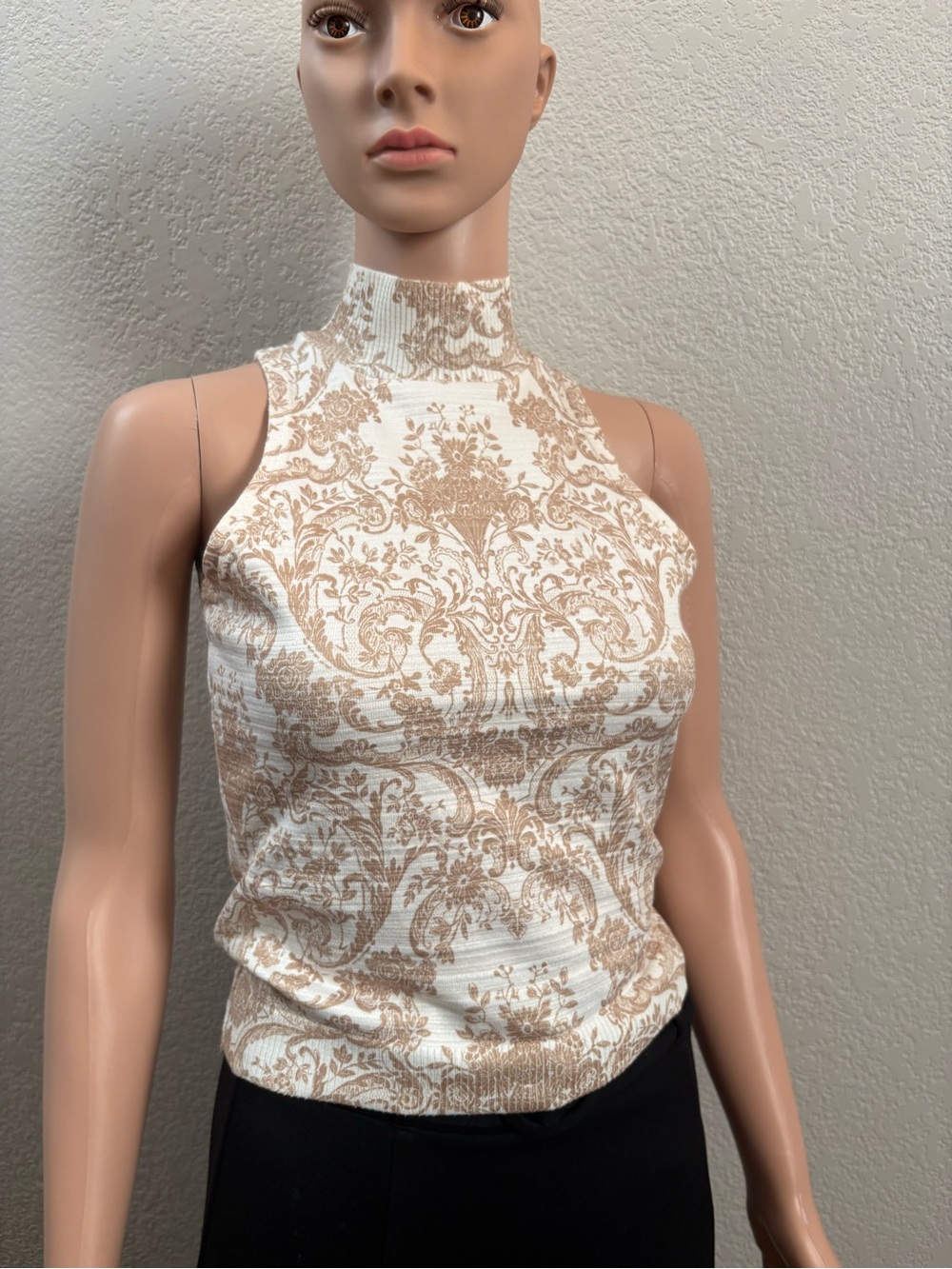 High-Neck Printed Tank Top in Cream and Tan
